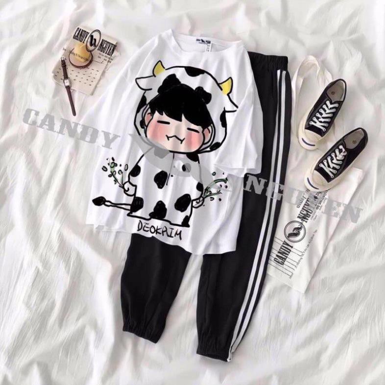 [FREESHIP] sét áo thun ngắn tay in 5D bò sữa và cô gái + quần sọc chun ống, sét đồ bộ nam nữ phông hè chất cotton form rộng unisex