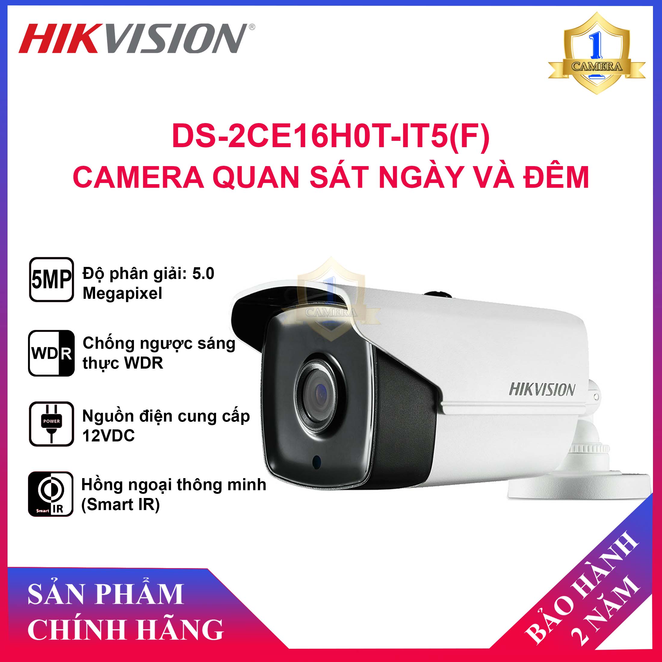 [CHÍNH HÃNG]Camera HDTVI HIKVISION DS-2CE16H0T-IT5(F) 5MP - Hồng Ngoại EXIR, 80m, Hồng Ngoại Thông Minh Smart IR - Camera Số 1