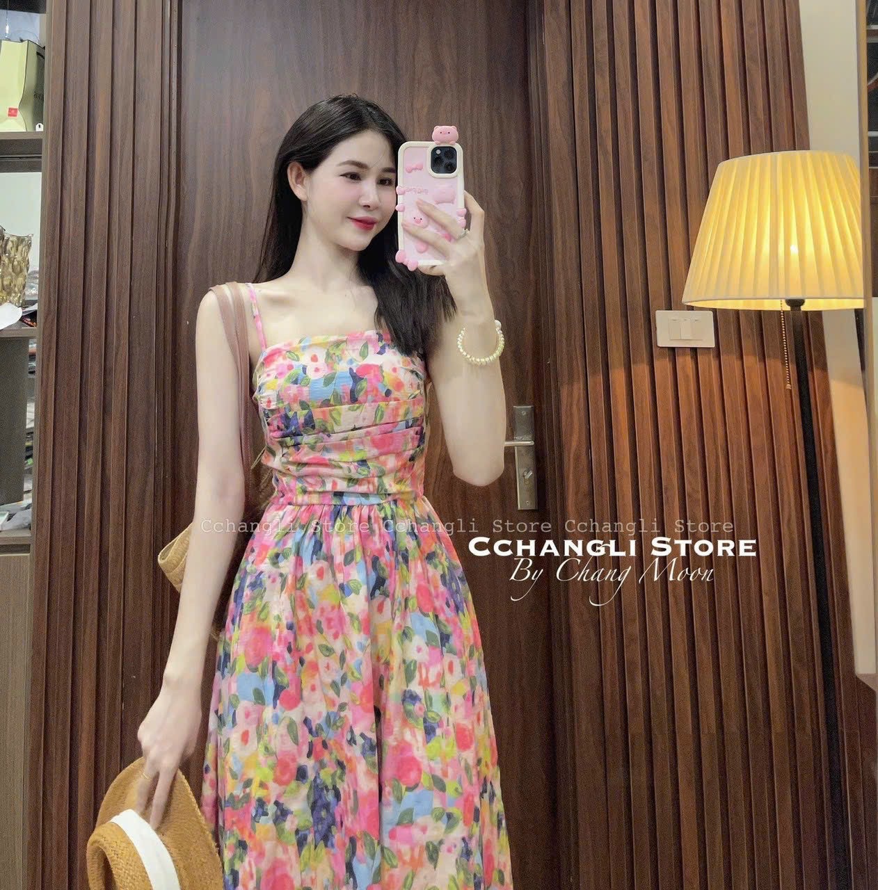 Đầm voan hoa nhún ngực chạy mocking thân sau siêu xinh