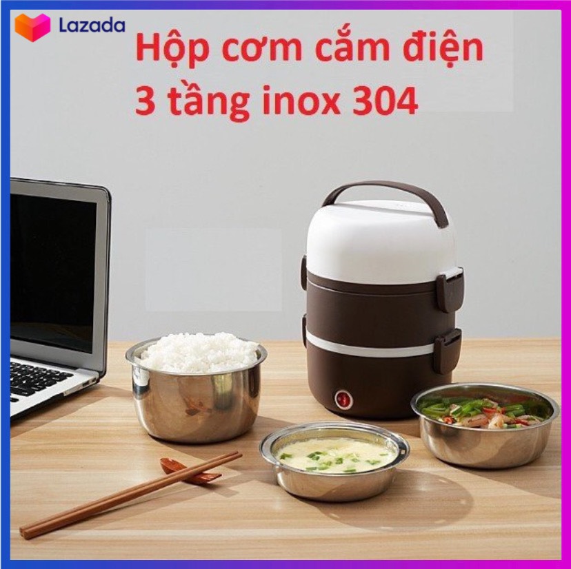 Hộp Cơm Hâm Nóng Cắm Điện 3 Tầng Inox - Cặp Lồng Cắm Điện 3 Tầng Ruột inox Cao Cấp, Giữ Nóng Thức Ăn Liên Tục Ba Ngăn Đựng Thông Minh, Tiện Dụng Rất An Toàn Cho Sức Khỏe.