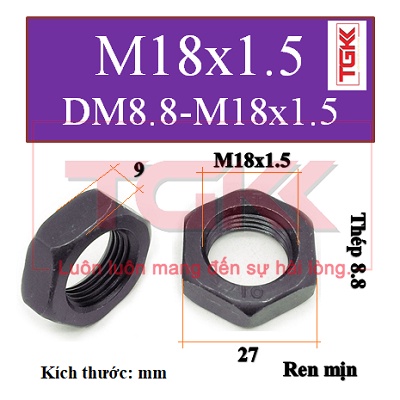Đai ốc mỏng thép đen 8.8 ren mịn