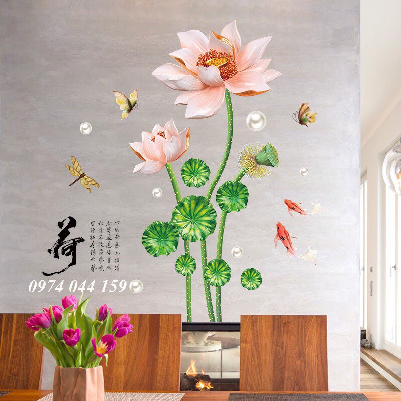 Decal dán tường 3D hoa sen hồng