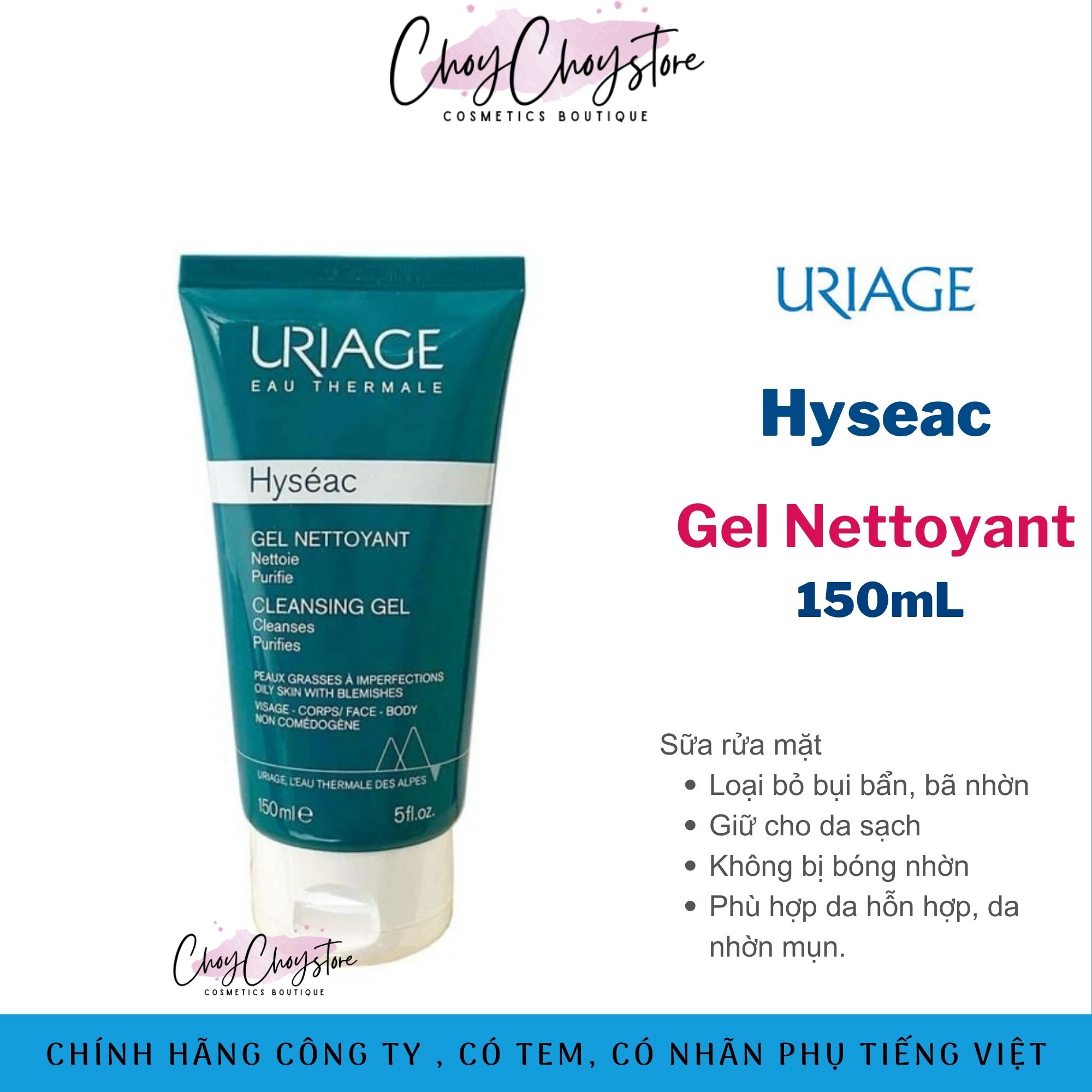 Sữa rửa mặt Uriage Hyseac Gel Nettoyant (Cleansing Gel) 150mL Gel rửa mặt dành cho da dầu da mụn & da hỗn hợp (Cleansing Gel)