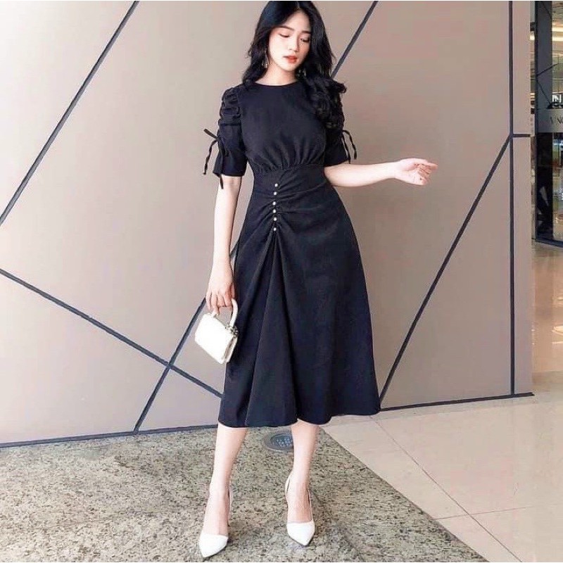 Đầm tay rút nút trắng 4 màu