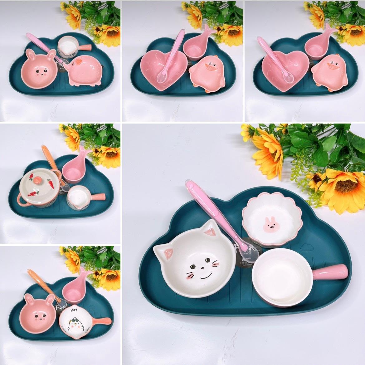 [Hoàn tiền 6%] Combo Sứ Hồng, Cam, Vàng (Gồm khay mây, thìa, bát sứ) S62