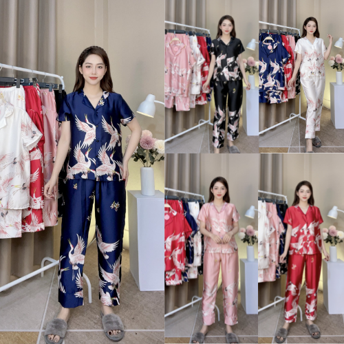 Bộ Pizama lụa mango - 💖Bộ lụa tay cộc - quần dài họa tiết con hạc [ẢNH CHỤP THẬT]