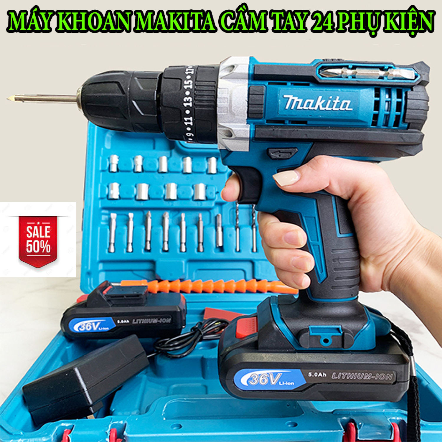 Máy khoan pin makita 36v - bộ máy khoan 24 chi tiết lõi đồng 100% không chổi than 3 chức năng có búa - bắt vít, khoan sắt, khoan tường, khoan gỗ.