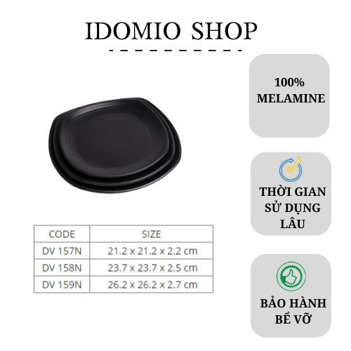 Dĩa Nhựa Vuông Melamine Đen Nhám - 26cm