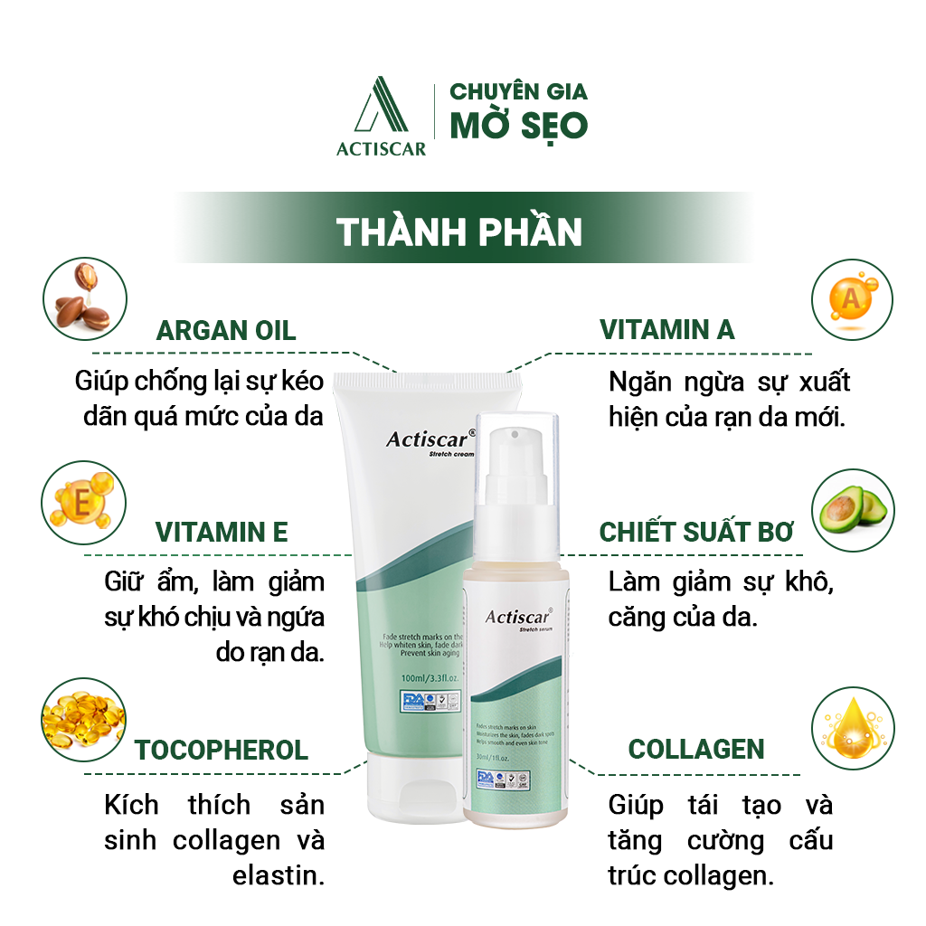 Combo Kem Rạn Da Actiscar Stretch 100ml và Serum Rạn Da 30ml