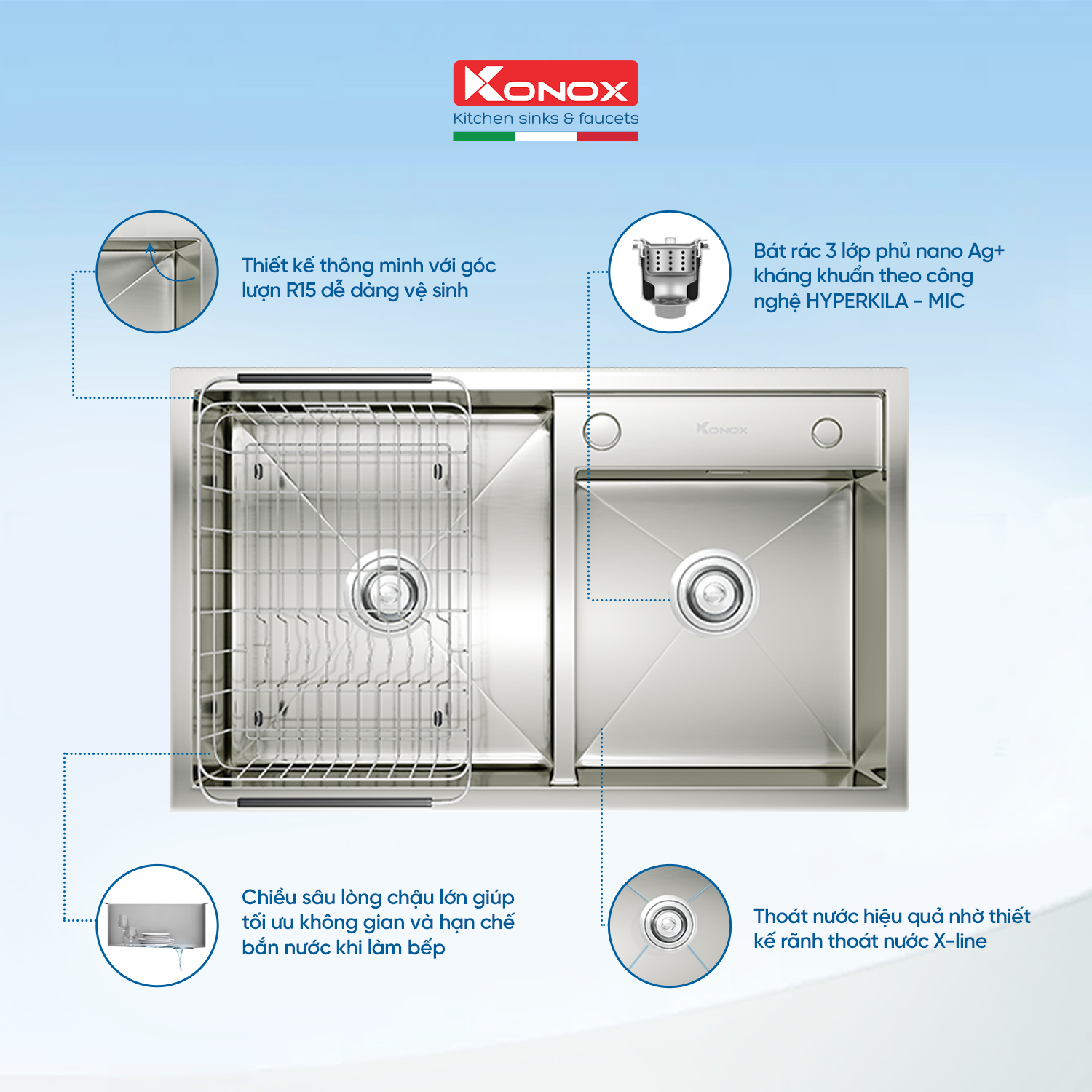 Chậu rửa bát inox 2 hố Konox KN8248DO