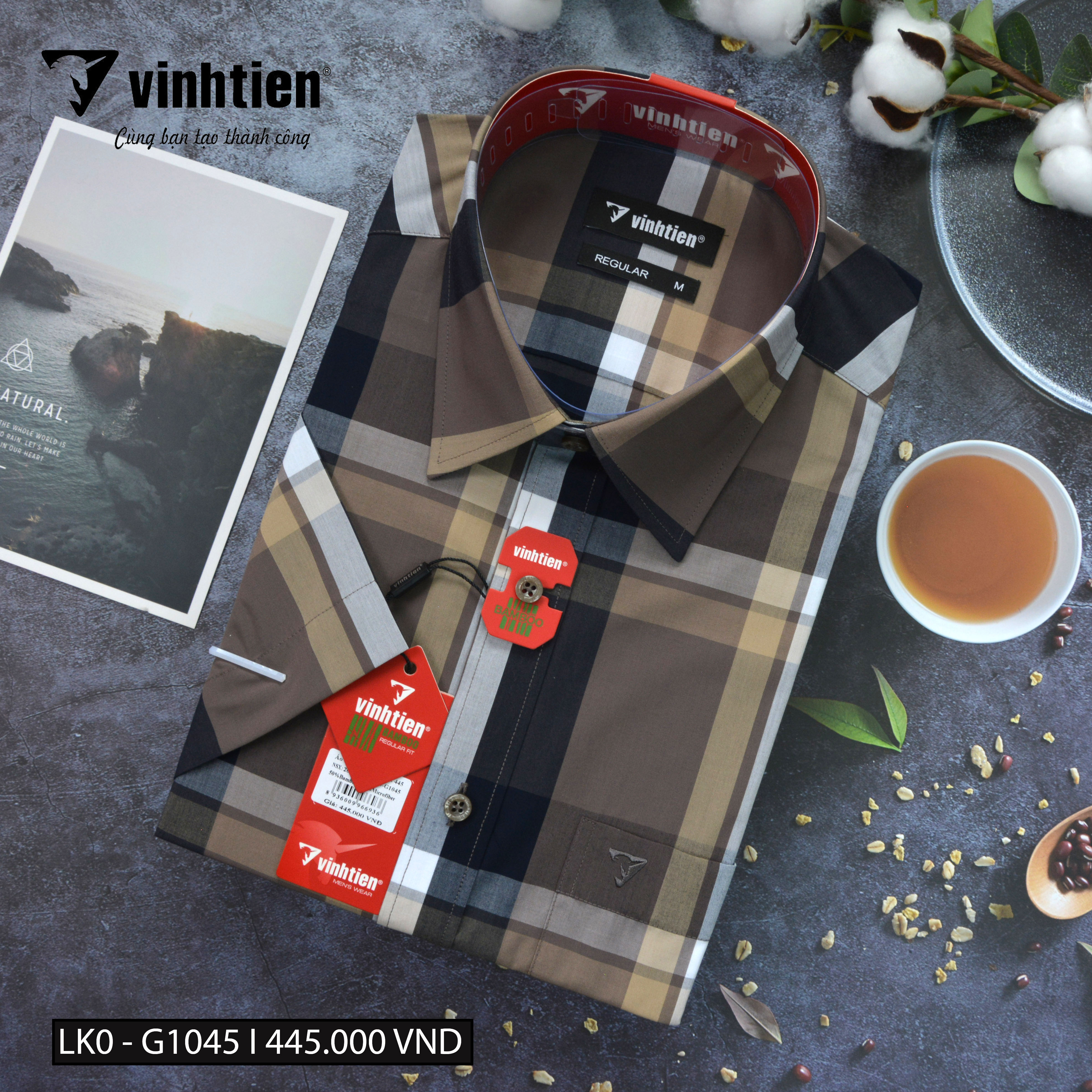 (Freeship Max)[HCM]Áo Sơ Mi Ngắn Tay Caro Vải Bamboo Vạt Ngang Form Regular Vĩnh Tiến 445.4