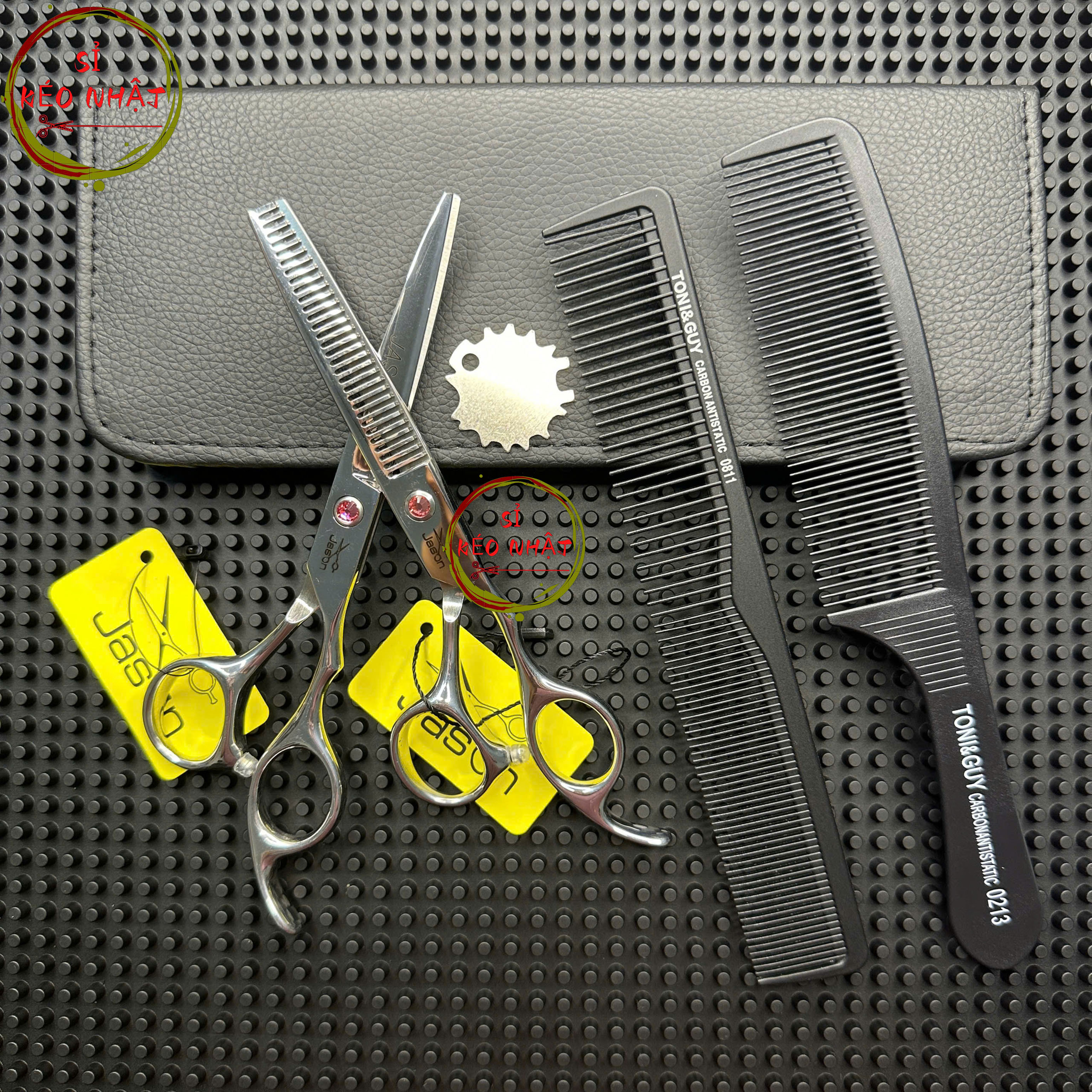 Bộ kéo cắt tóc Nhật Bản cao cấp màu trắng JS02 [Mua bộ kéo tặng kèm bao da + 2lược, chỉnh kéo]