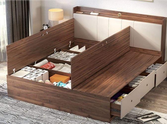 Giường Ngủ HT 26 3 Ngăn Kéo và hộc chứa hàng Dưới Vạt MDF Melamine vân Gỗ chồn trầy cao cấp