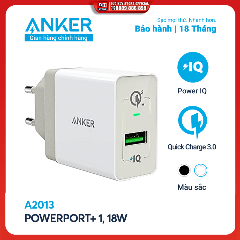 Sạc ANKER PowerPort+ 1 cổng Quick Charge 3.0 có PowerIQ 18W - A2013 - Hỗ trợ sạc nhanh cho các thiết bị Android, sạc tối ưu 12W cho iPhone, iPad, trang bị nhiều công nghệ an toàn để bảo vệ thiết bị và sạc