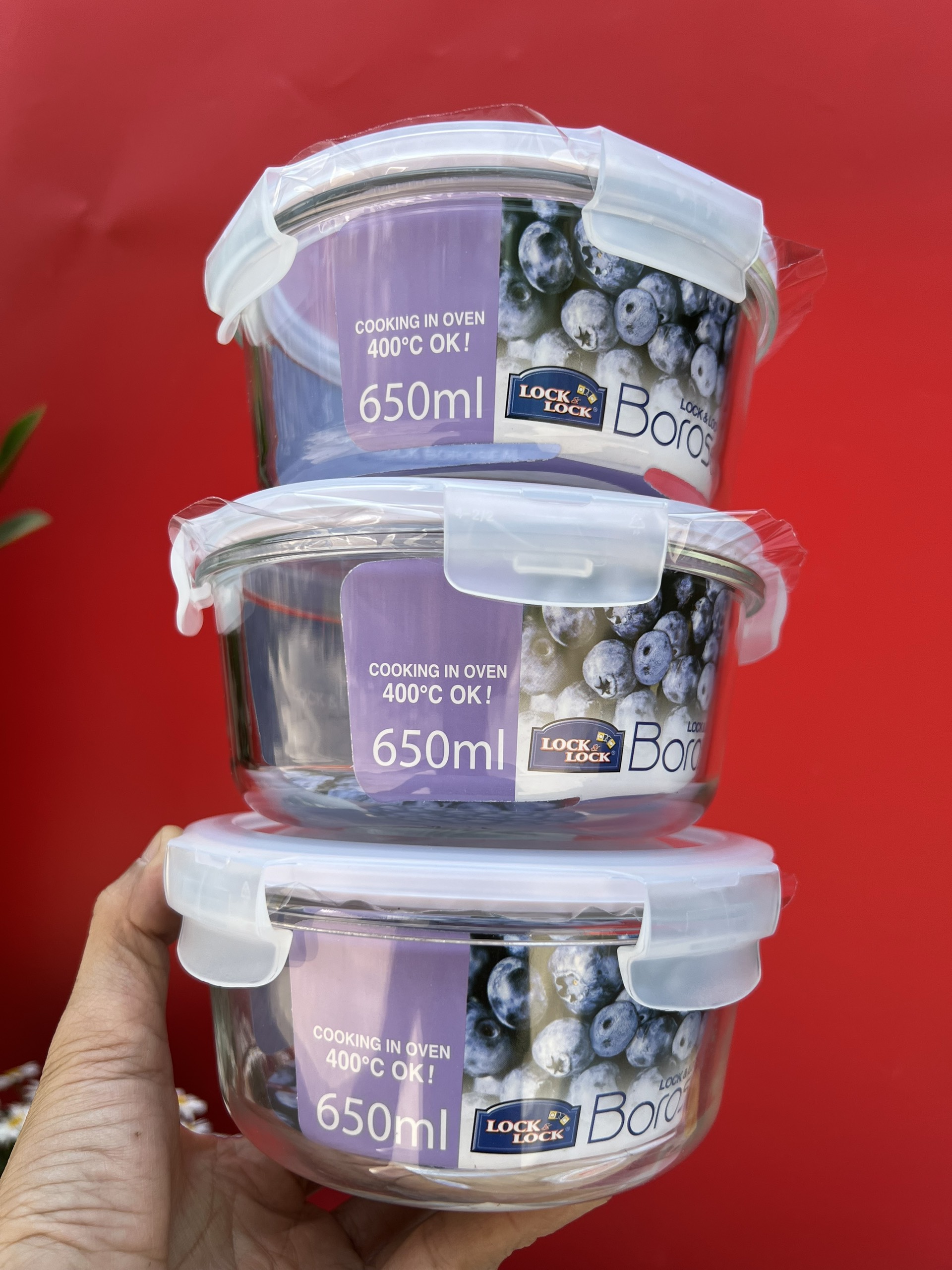 Hộp đựng thực phẩm thủy tinh tròn lock&Lock 950ml, 650ml, 400ml