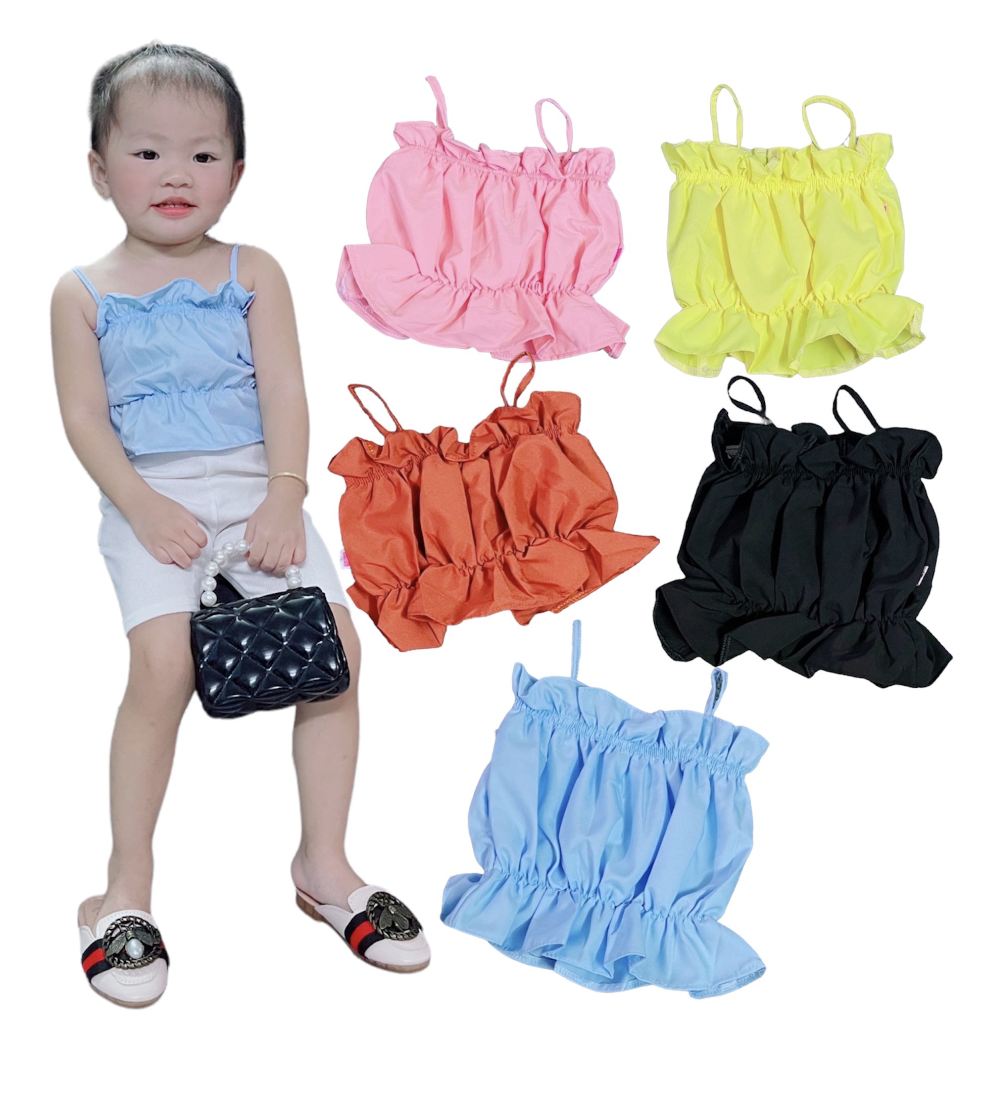 Áo Thun Lụa 2 Dây Nhún Xoè Bé Gái Dễ Phối Đồ Nhiều Kiểu