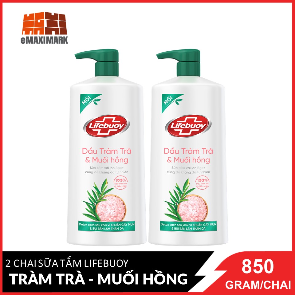 Combo 2 sữa tắm lifebuoy dầu tràm trà & muối hồng chai 850g
