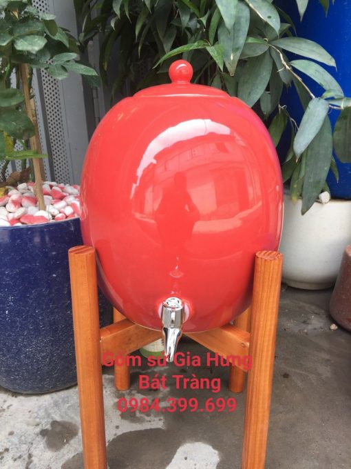 Bình đựng nước gốm sứ Bát Tràng dáng tròn màu đỏ