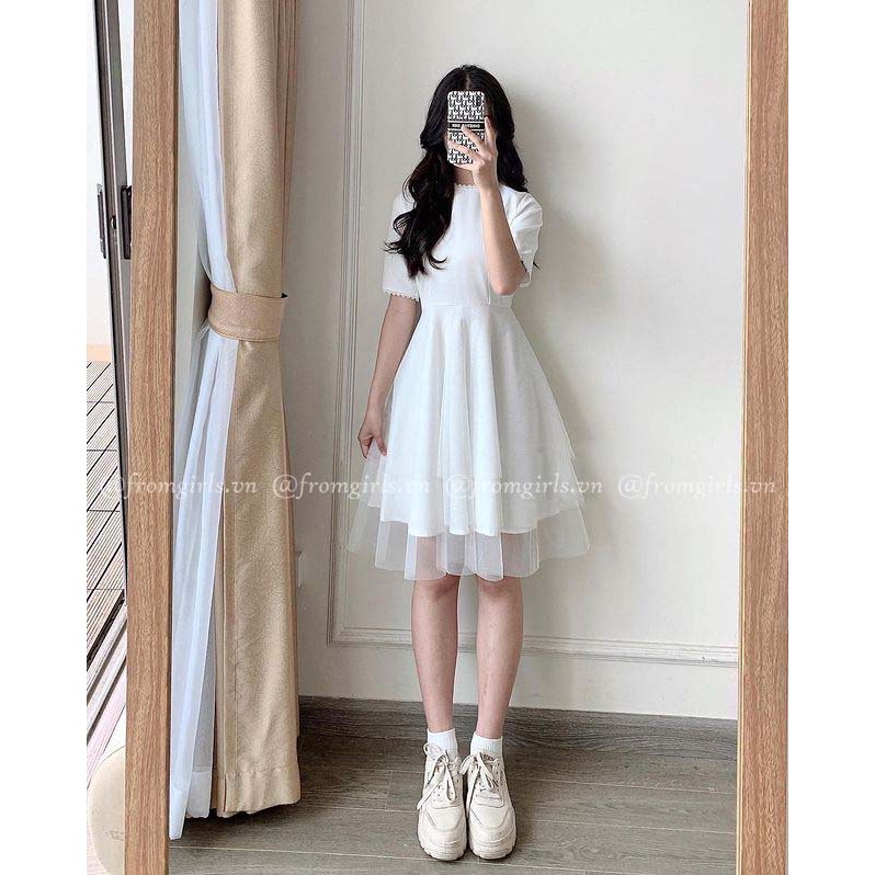 Váy trắng xếp ly dáng xoè, đầm trắng chữ A tay lỡ cổ tròn viền ren AS198