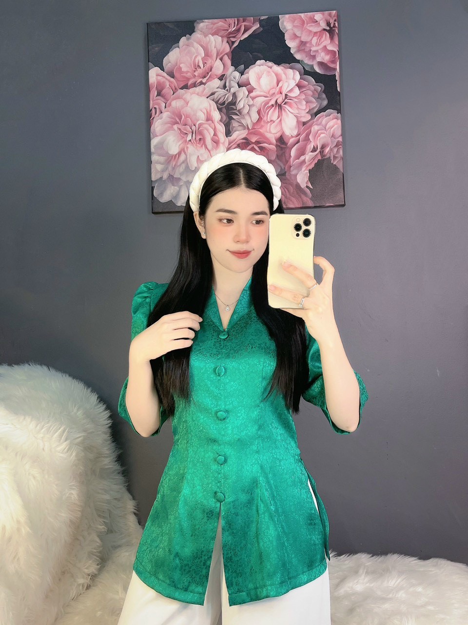 ÁO BÀ BA GẤM CỔ TIM TAY PHỒNG