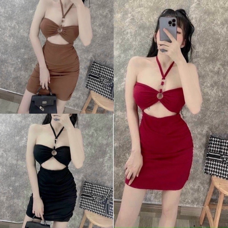 Đầm body 3 khoen gân len from ngắn (có mút )