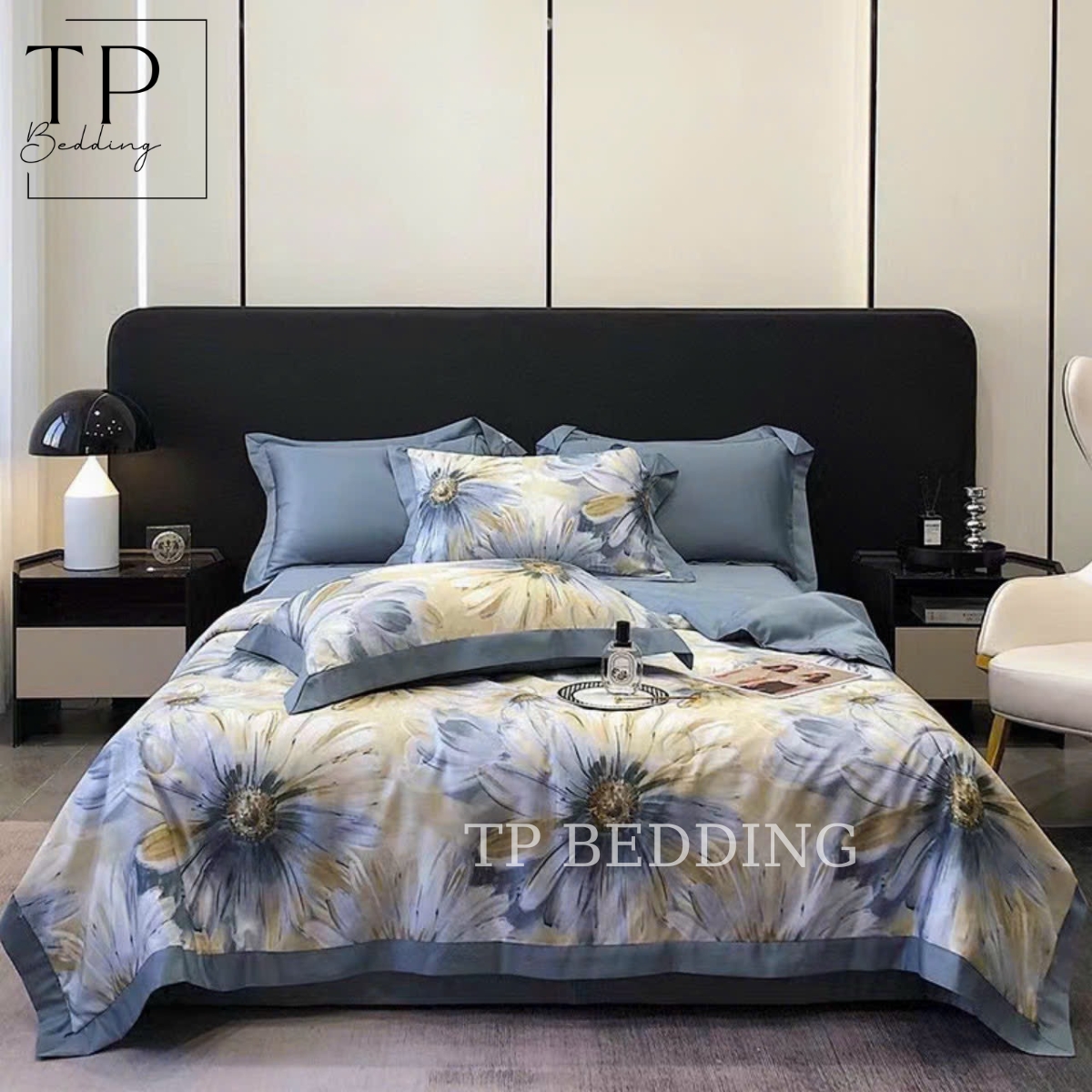 Bộ chăn ga gối phi lụa cao cấp thêu họa tiết Genji Decor