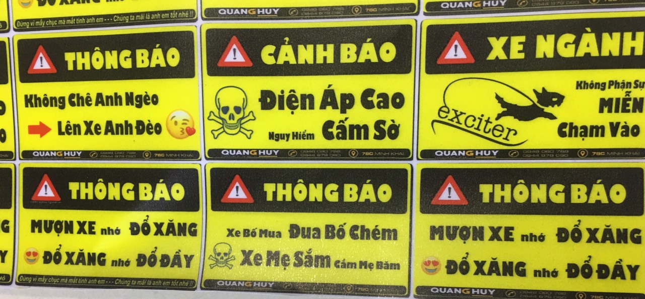 tem cảnh báo dán xe chế nguy hiểm - tem cảnh báo nhỏ - tem nhỏ cảnh báo (6 tấm) Kích thước 10x24cm (Chống nước chống xước)