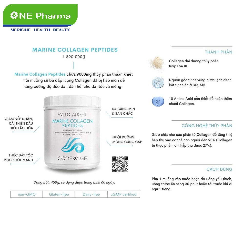 Collagen Bột Thủy Phân Codeage Đạ Dương Collagen Peptides Type 1 & 3 Mỹ 450g