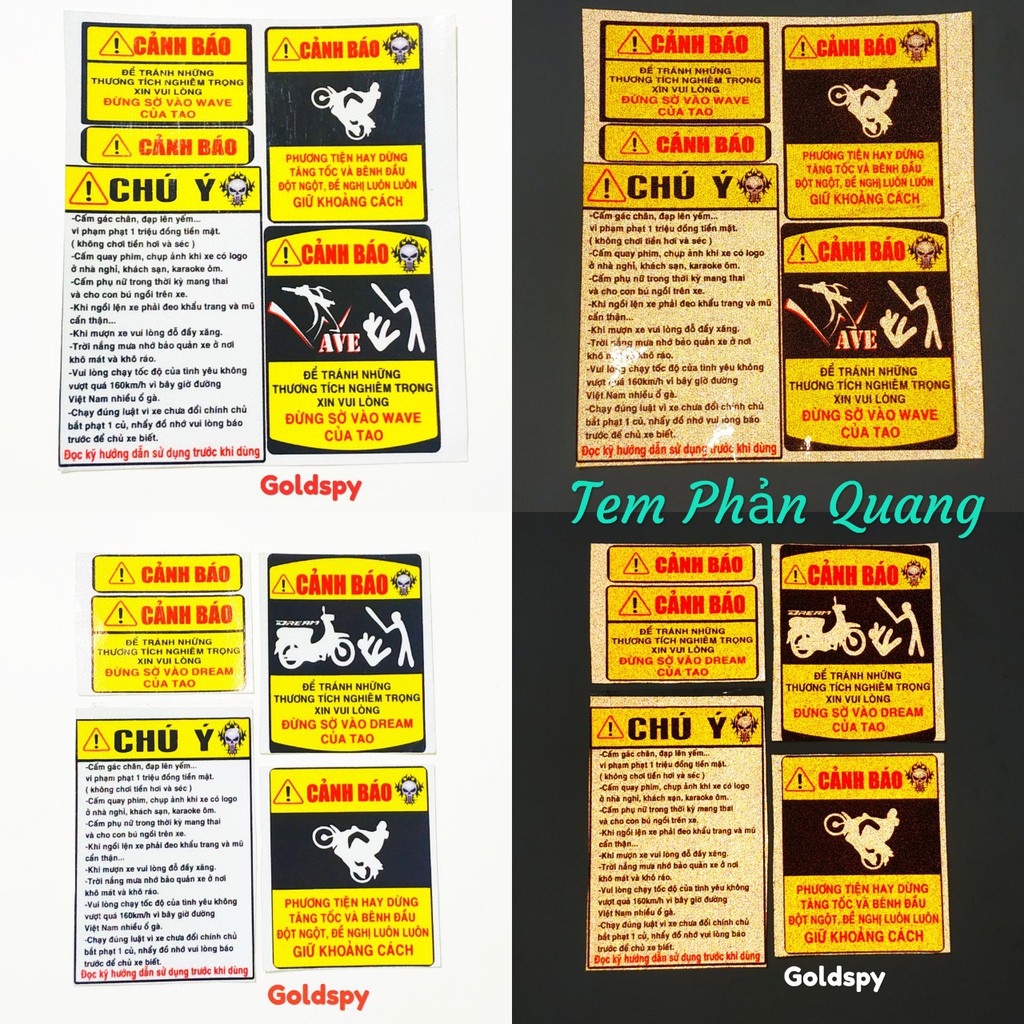 Tem cảnh báo phản quang xe Wave, Dream Tem Decal Xe Máy ( giá 1 bộ)
