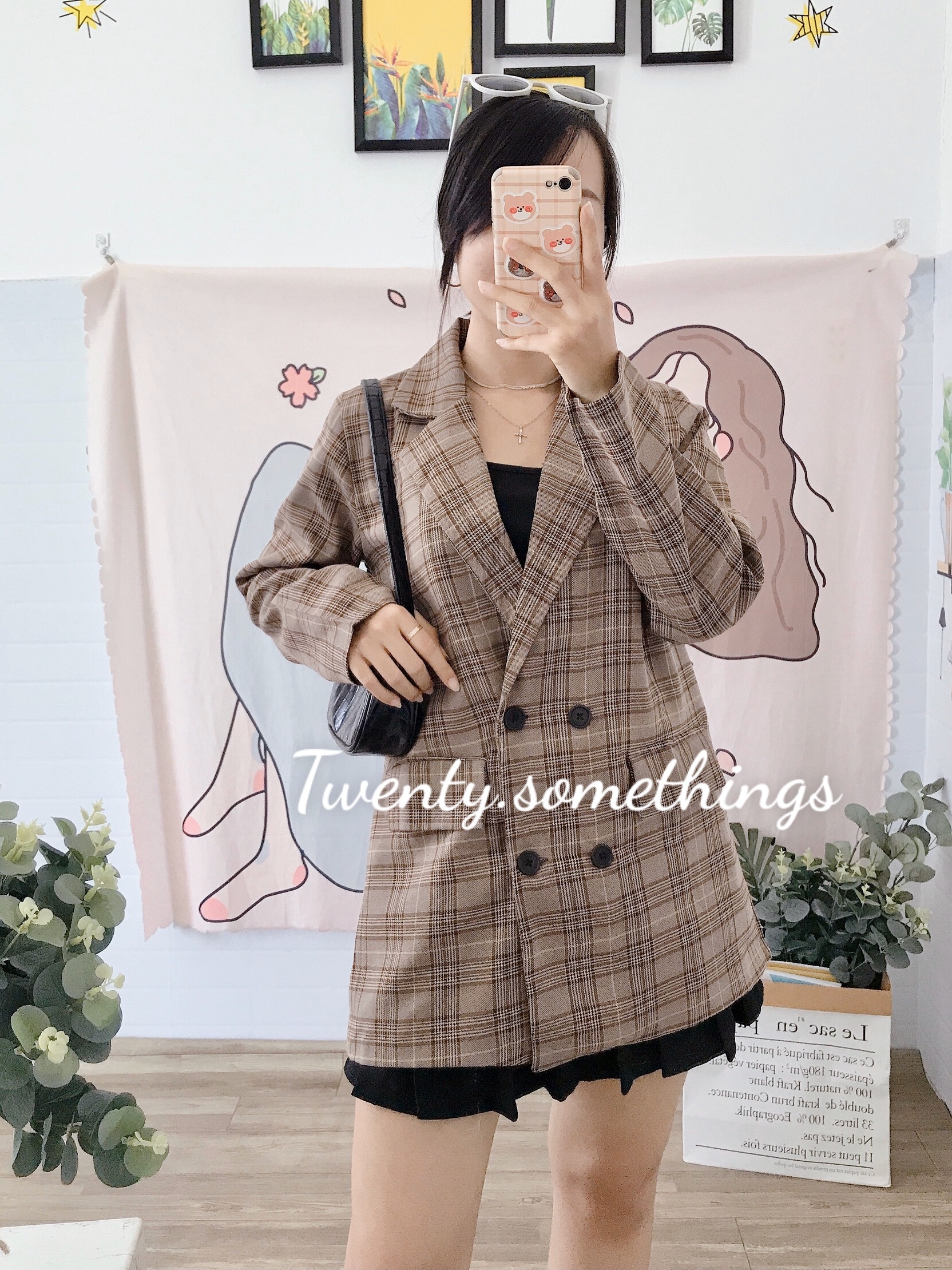 ÁO BLAZER KẺ NÂU VINTAGE 2 LỚP ( ảnh thật/ video/ sẵn)