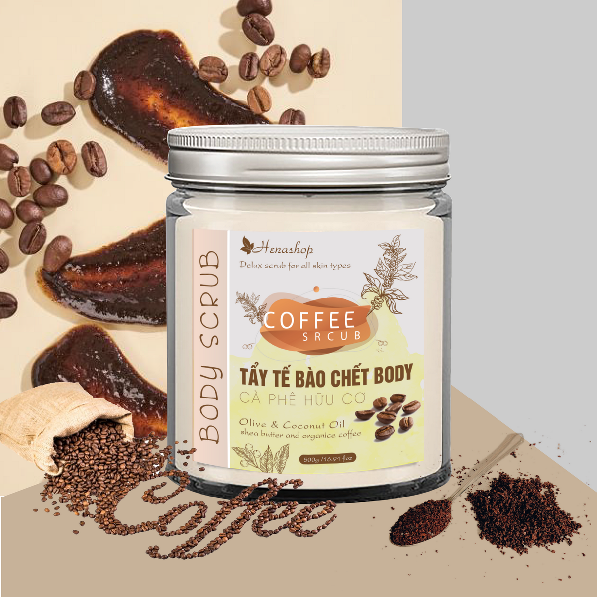 Tẩy tế bào Chết Cà Phê Sữa Dừa Henashop 500gr