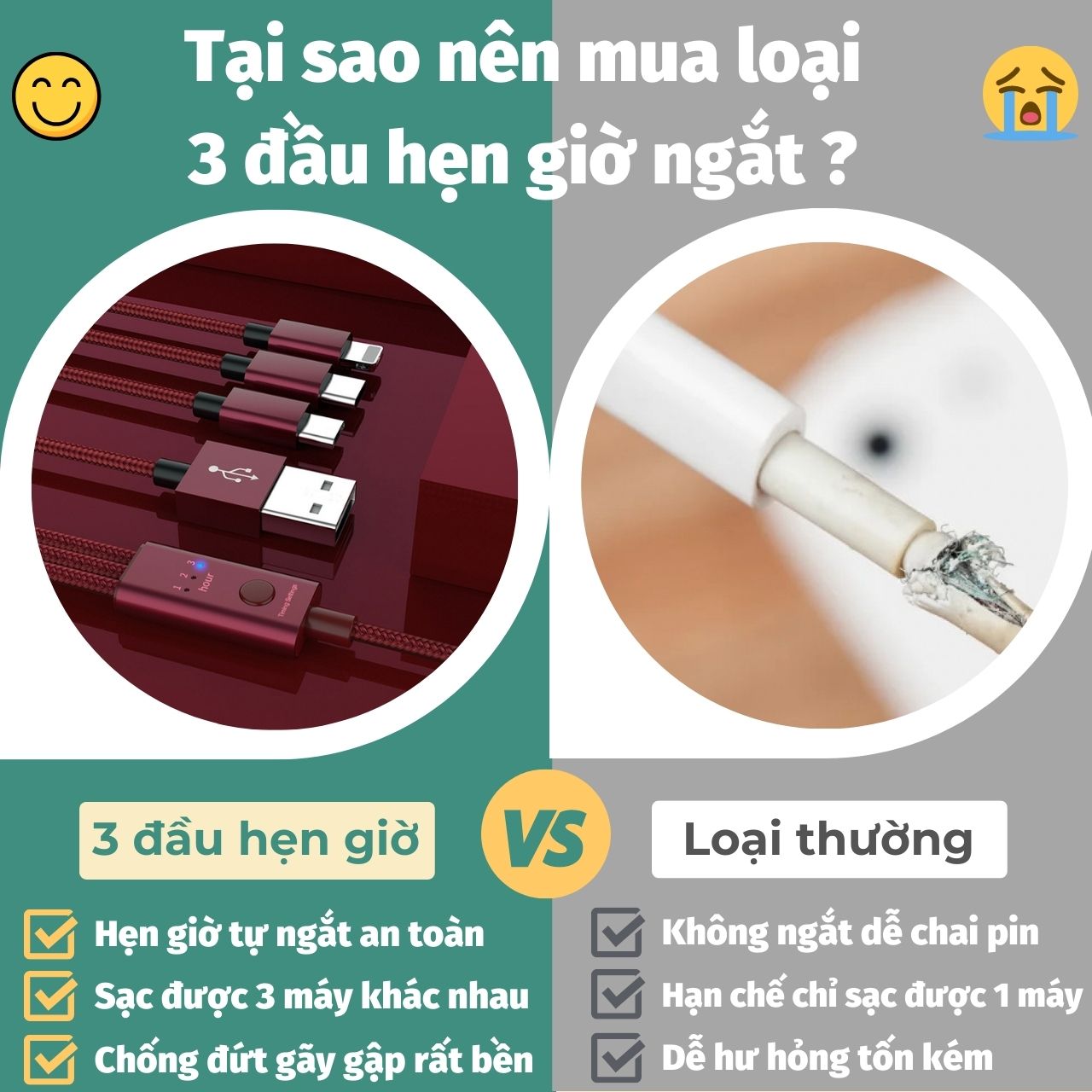 Cáp Sạc Tự Ngắt Hẹn Giờ Thông Minh 3H, 3 Đầu Đa Năng Lightning Type C Micro USB Chống Chai Pin, dây sạc tự ngắt an toàn sạc ban đêm