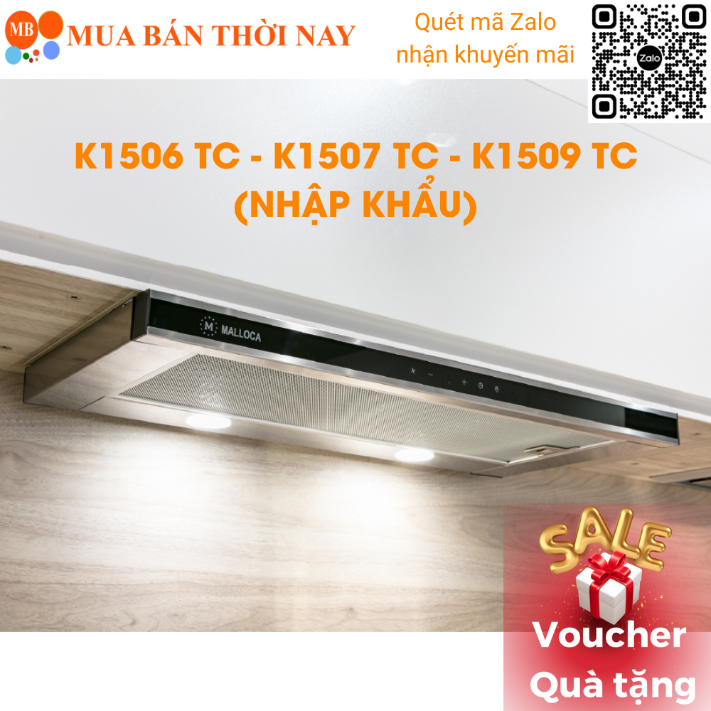 Máy hút mùi âm tủ malloca k1506 tc , k1507 tc , k1509 tc , máy hút khói khử mùi âm tủ than hoạt tính