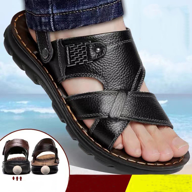 HOÀN TIỀN 15% - Sandal Quai Chéo Nam Da Bò Đế Khâu Dép Quai Hậu Phong Cách Lịch Lãm