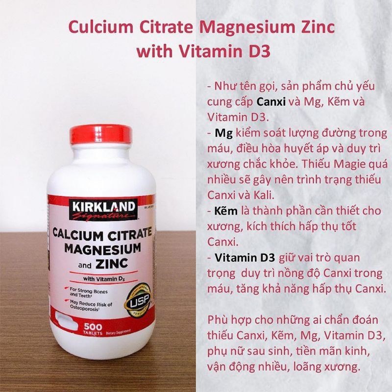 Viên uống Kirkland Calcium Citrate Magnesium and Zinc 500v Mỹ nhập khẩu