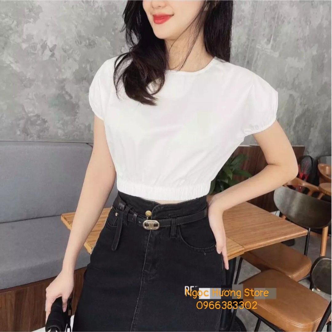 [HCM]ÁO Croptop Bo Eo Cổ Tròn Trẻ Trung Phong Cách Hàn Quốc