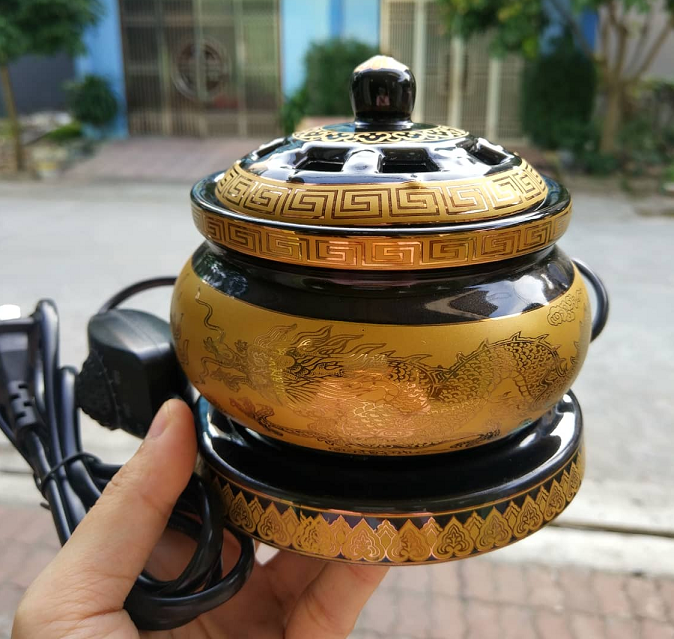 lò đốt trầm hương, lư điện xông trầm size to có hẹn giờ lư xông trầm nụ lư sen vàng