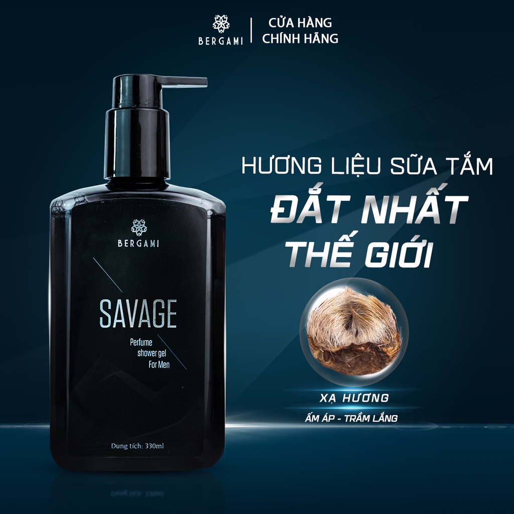 Sữa Tắm Nam Hương Nước Hoa Bergami Savage, Mùi GỖ SỒI Nam Tính, Sạch Khuẩn Tự Tin Thể Hiện Bản Lĩnh Lưu Hương 6H 330ml/chai