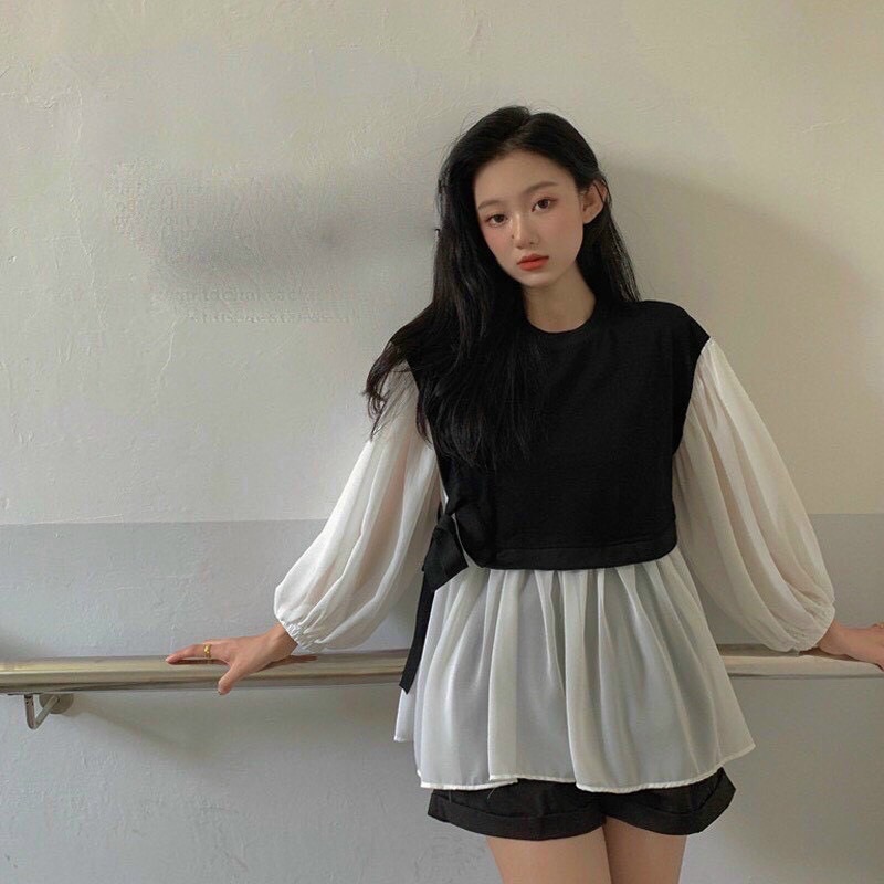 Áo peplum tay phồng phối ghile thắt eo