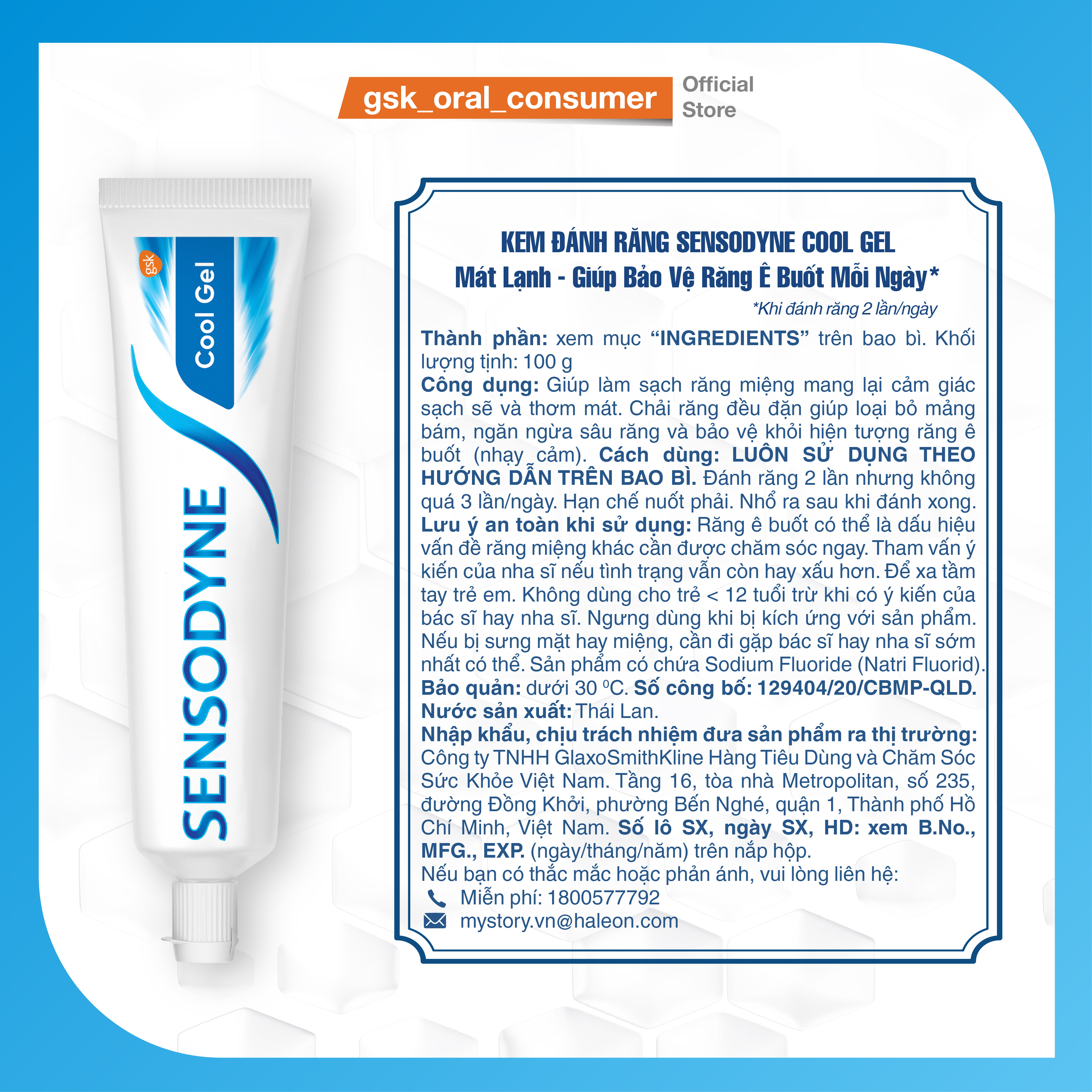 Bộ 3 Kem đánh răng SENSODYNE Cool Gel 100g giúp giảm ê buốt hiệu quả với hương bạc hà mát lạnh