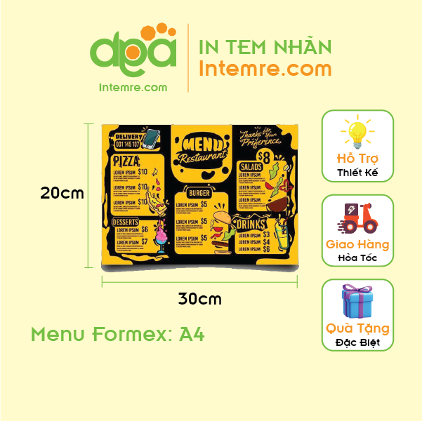 In Menu Cứng Dày Intemre.com Để Bàn Formex (Format) KT: A5, A4, A3