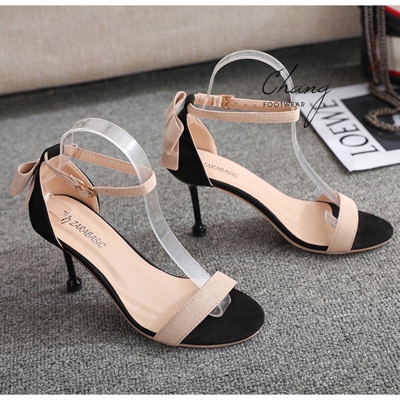 Giày sandal cao gót nhọn 7p quai ngang da nhung bít gót phối nơ