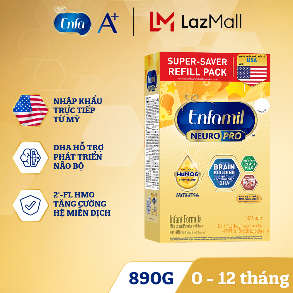 [Nhập khẩu chính ngạch từ Mỹ] Sữa bột Enfamil NeuroPro Non-GMO Infant 890g-Dành cho trẻ 0-12 tháng tuổi (hộp 2 túi thiếc 445g)