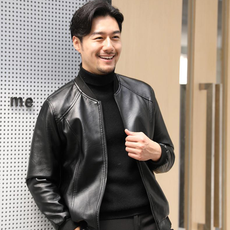 Áo khoác da Nam mỏng Cổ tròn Mỏng Hàn Quốc Cổ áo bóng chày Da PU Áo khoác da xe máy Nam MTS282