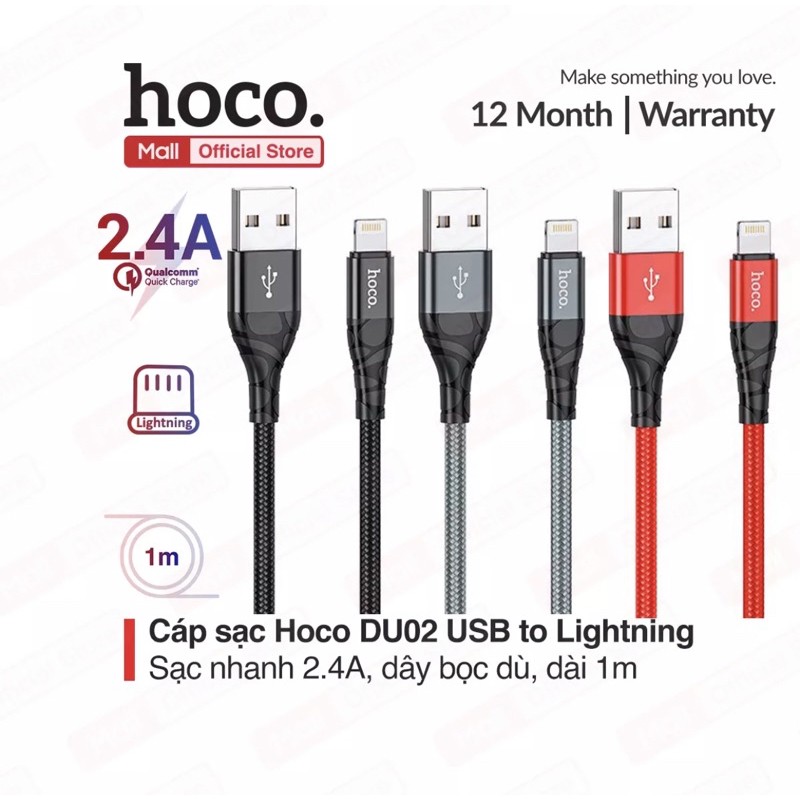 Cáp sạc nhanh Hoco DU02, TypeC/lightning/Micro dây dù, chống đứt, gập