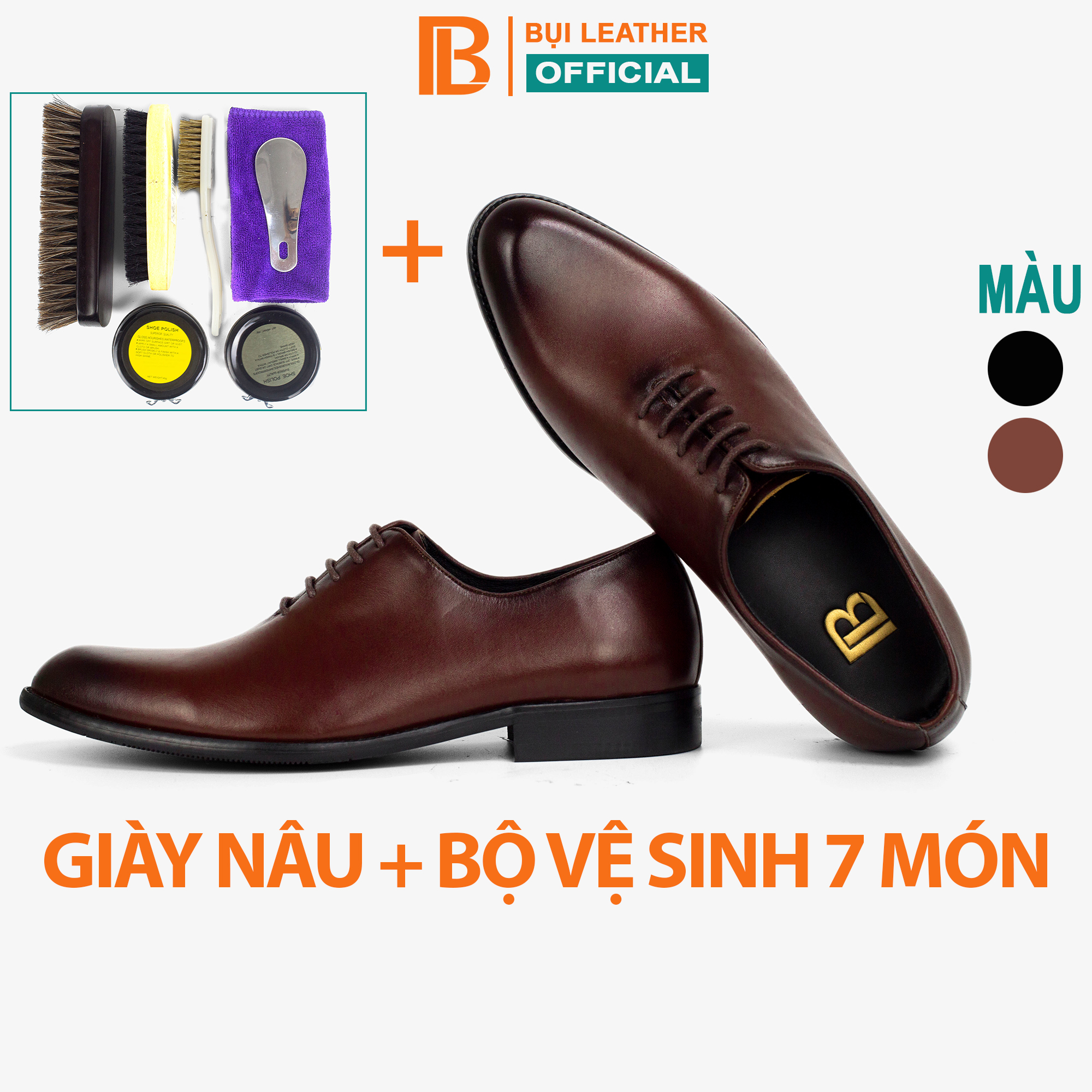 Giày tây nam oxford công sở G102, giày nam da bò nappa cao cấp màu nâu có dây buộc, mặt trơn không hoạ tiết- Bụi leather- hộp sang trọng -BH 12 tháng