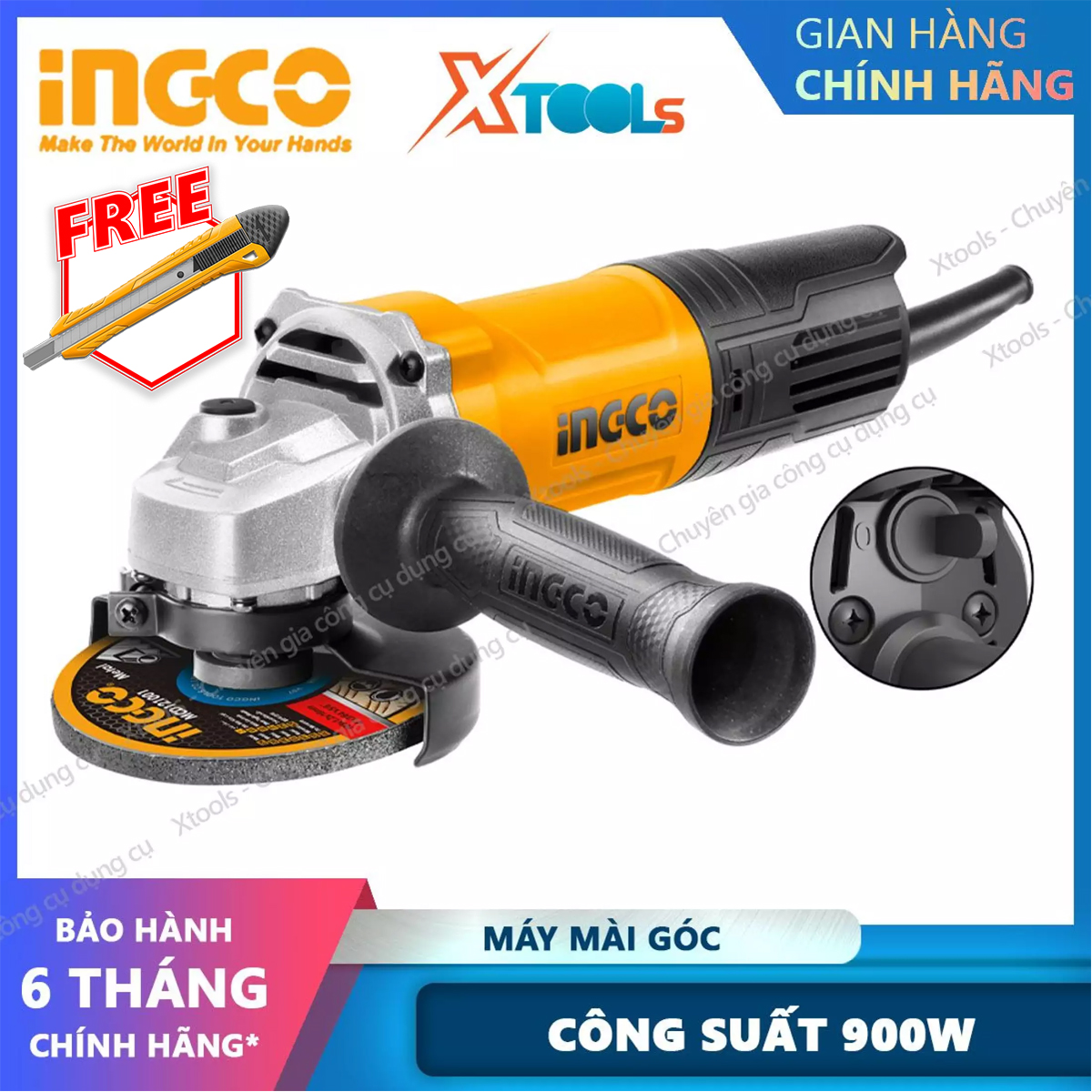 Angle grinder ingco AG900282 900W, hand grinding diameter grinding disc 100mm. Hole reinforcement M10. Included 1 handle plastic, plastic body high-end party FBIR bearing [XTools] [xsafe]
