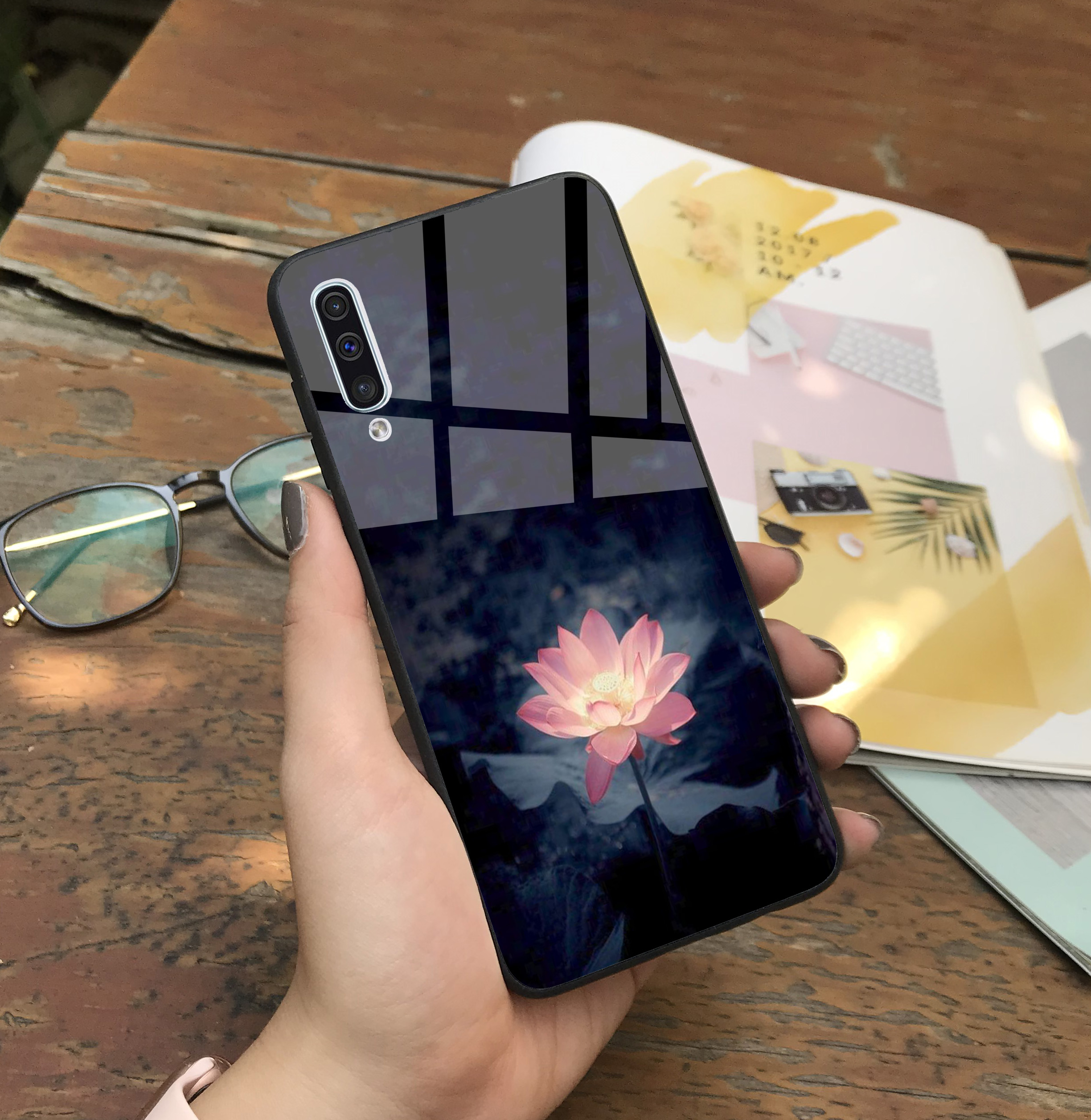 Ốp Samsung Galaxy A50 / A50S / A30S , A7 2018 - A750 , A70 lưng kính cường lực hoa lá ( VIDEO QUAY THẬT ) kimicase