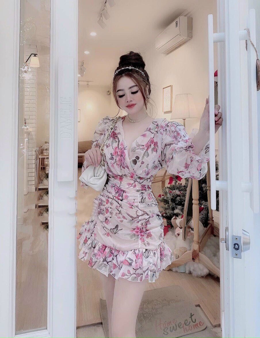 Đầm nữ, đầm lụa hoa cổ chéo tay phồng
