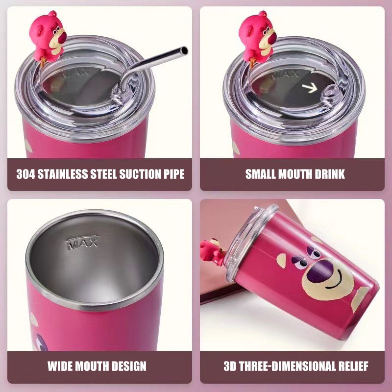 LY CỐC GIỮ NHIỆT HOẠ TIẾT GẤU DÂU LOSTO SIÊU XINH LÕI INOX 304 CHỐNG GỈ 450ML Tặng Ống Hút - Bình Nước Gấu Dâu 450ml